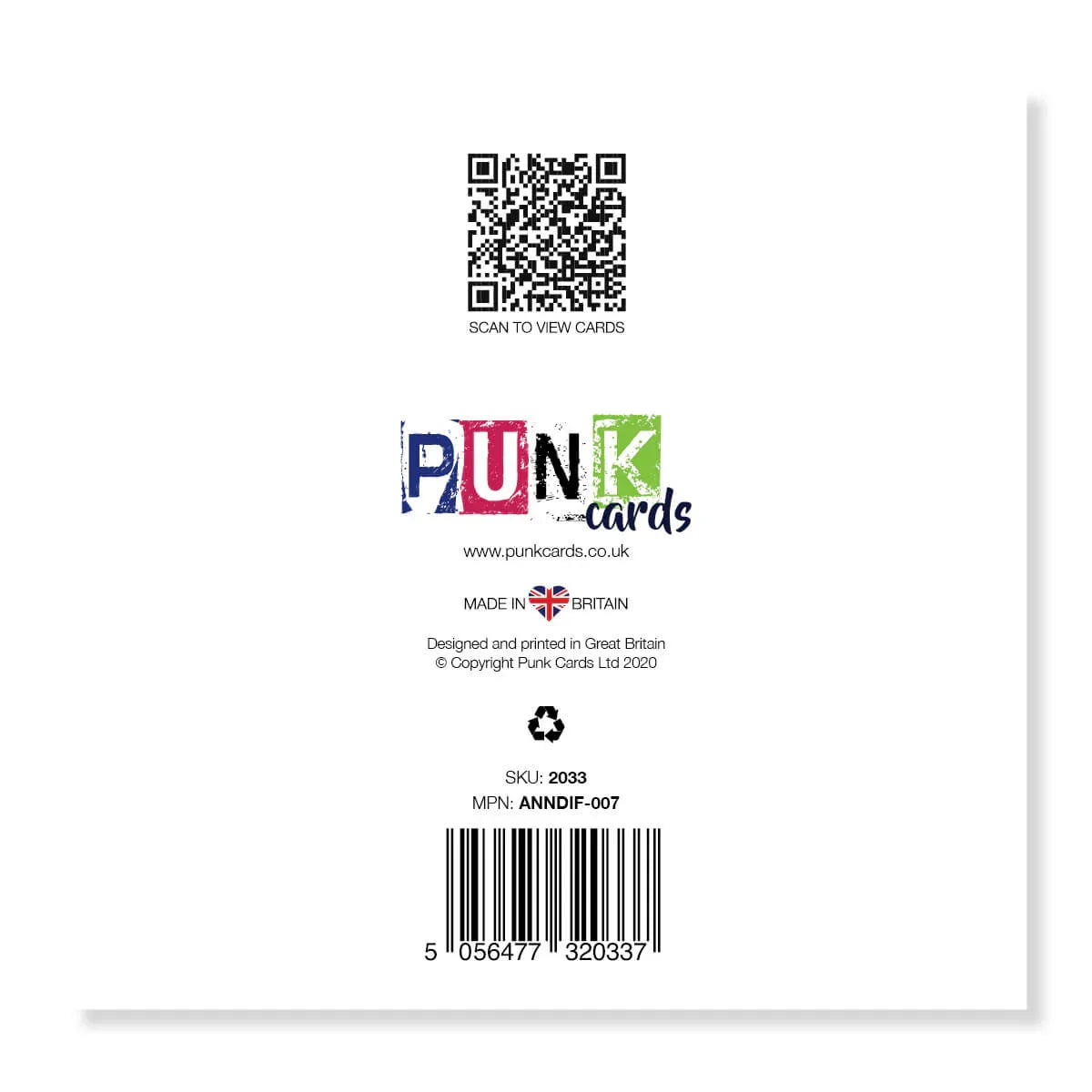 Back of funny anniversary card with QR code, barcode, and colorful 'PUNK cards' logo