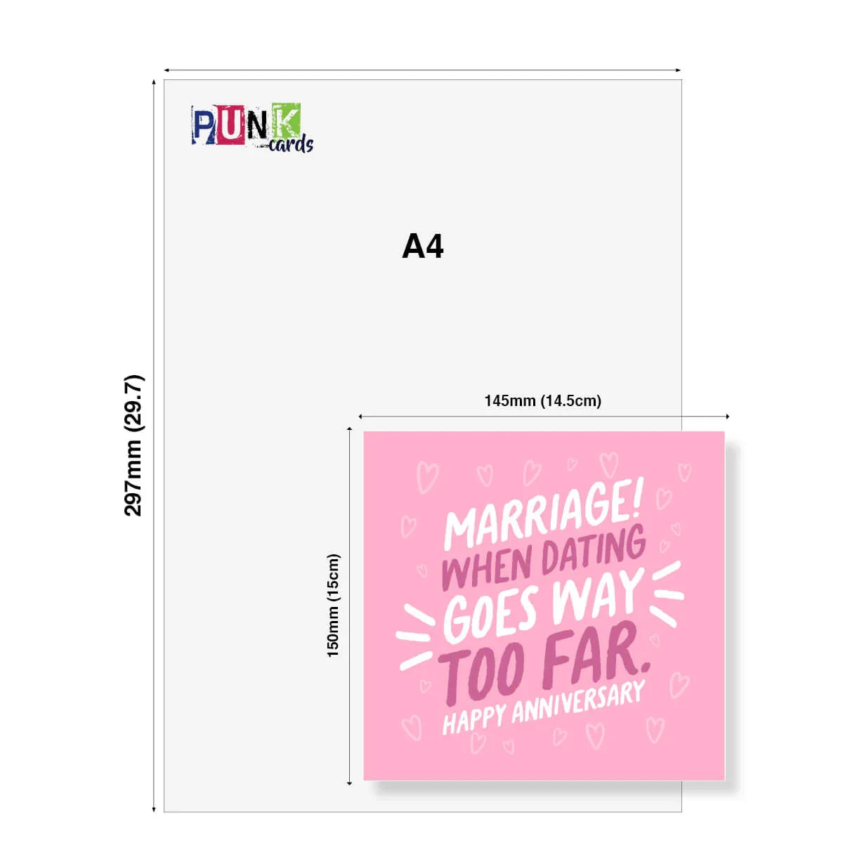 Funny pink anniversary card with hearts and bold text: 'Marriage! When dating goes way too far. Happy anniversary'