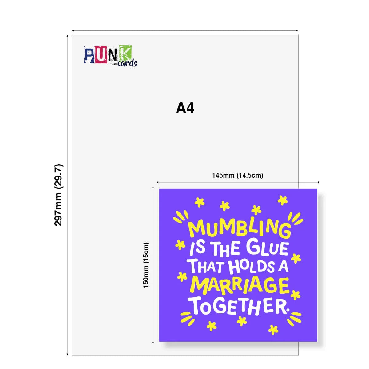 Funny anniversary card with purple background and yellow text, 'Mumbling is the glue that holds a marriage together,' shown next to A4 size for scale.