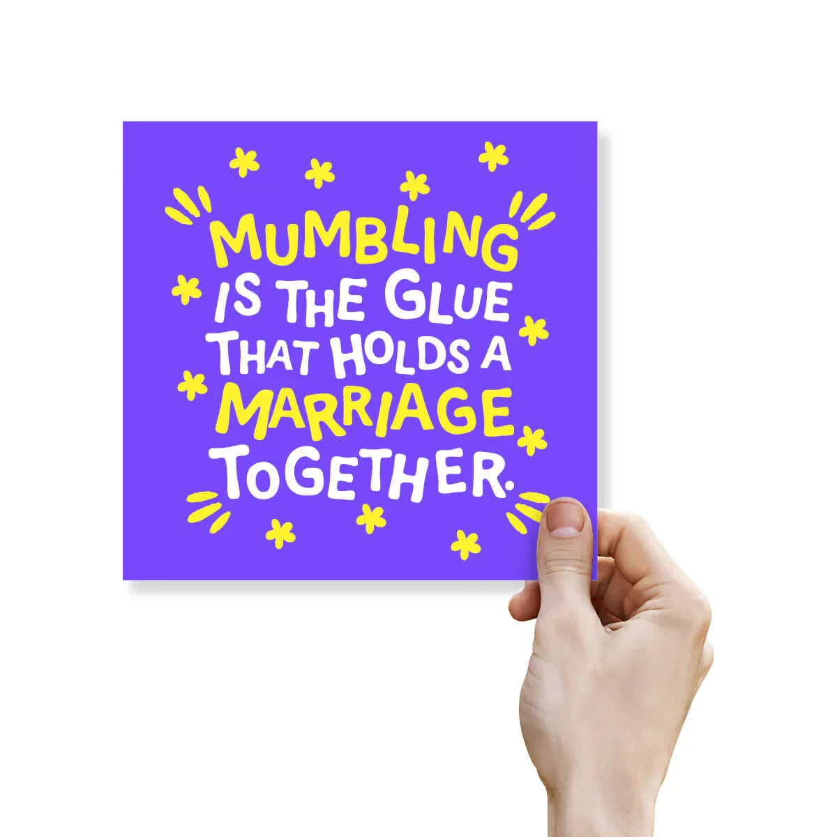 Funny anniversary card with purple background, yellow and white text, held by a hand
