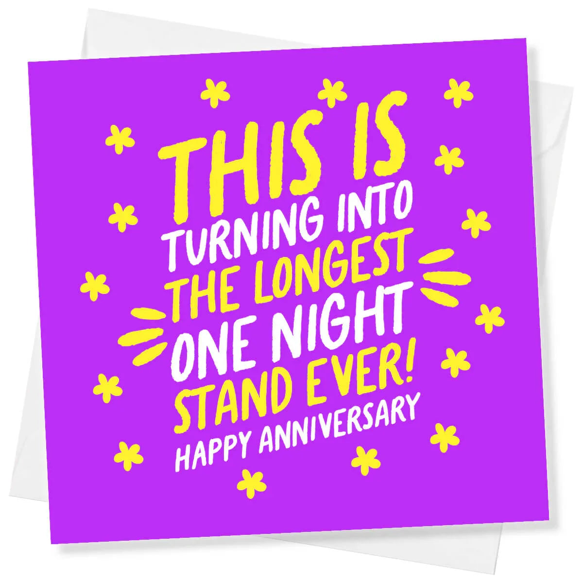 Purple card with yellow and white text for an anniversary message
