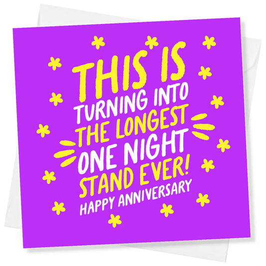 Purple card with yellow and white text for an anniversary message