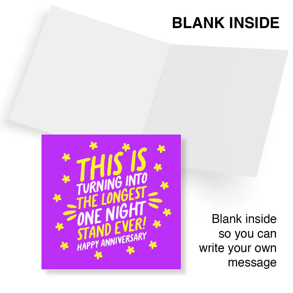 Funny purple anniversary card with yellow text, blank inside for custom message