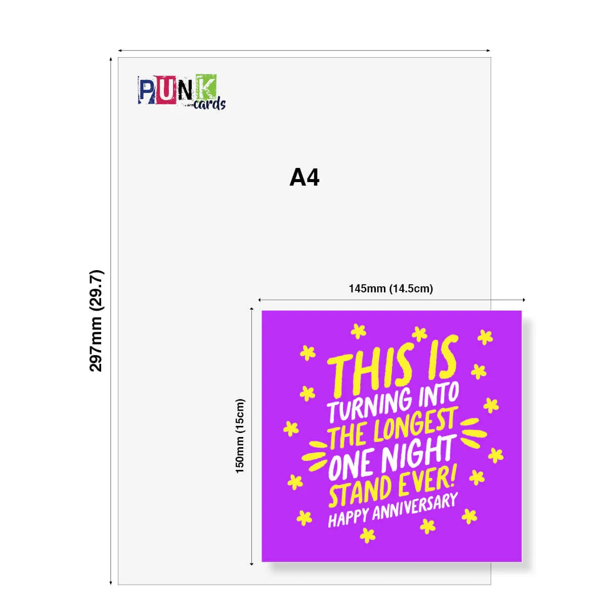 Funny anniversary card with purple background, yellow text, playful floral accents, and size guide.