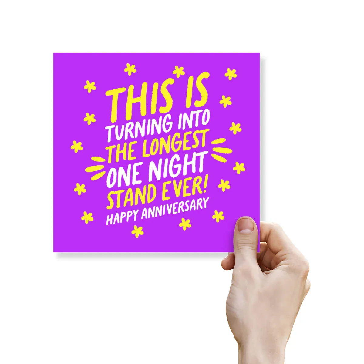 Funny anniversary card with bold yellow and white text on purple background, hand holding card