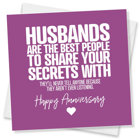 Purple card with white text about husbands and anniversary on a white background