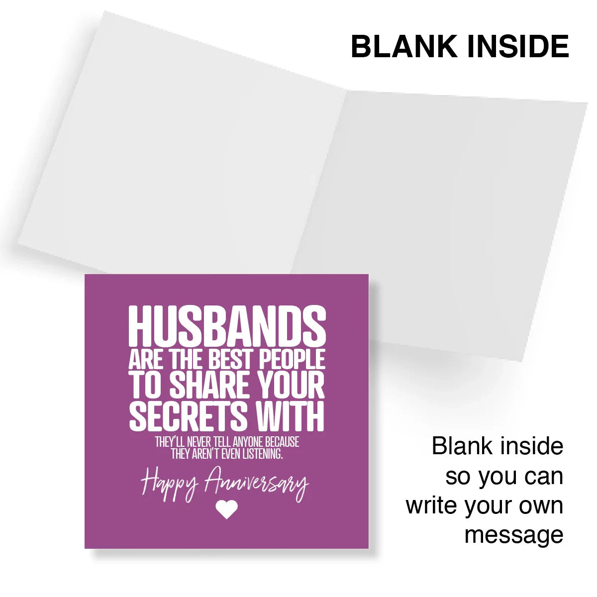 Purple card with humorous text about husbands and an envelope on a white background