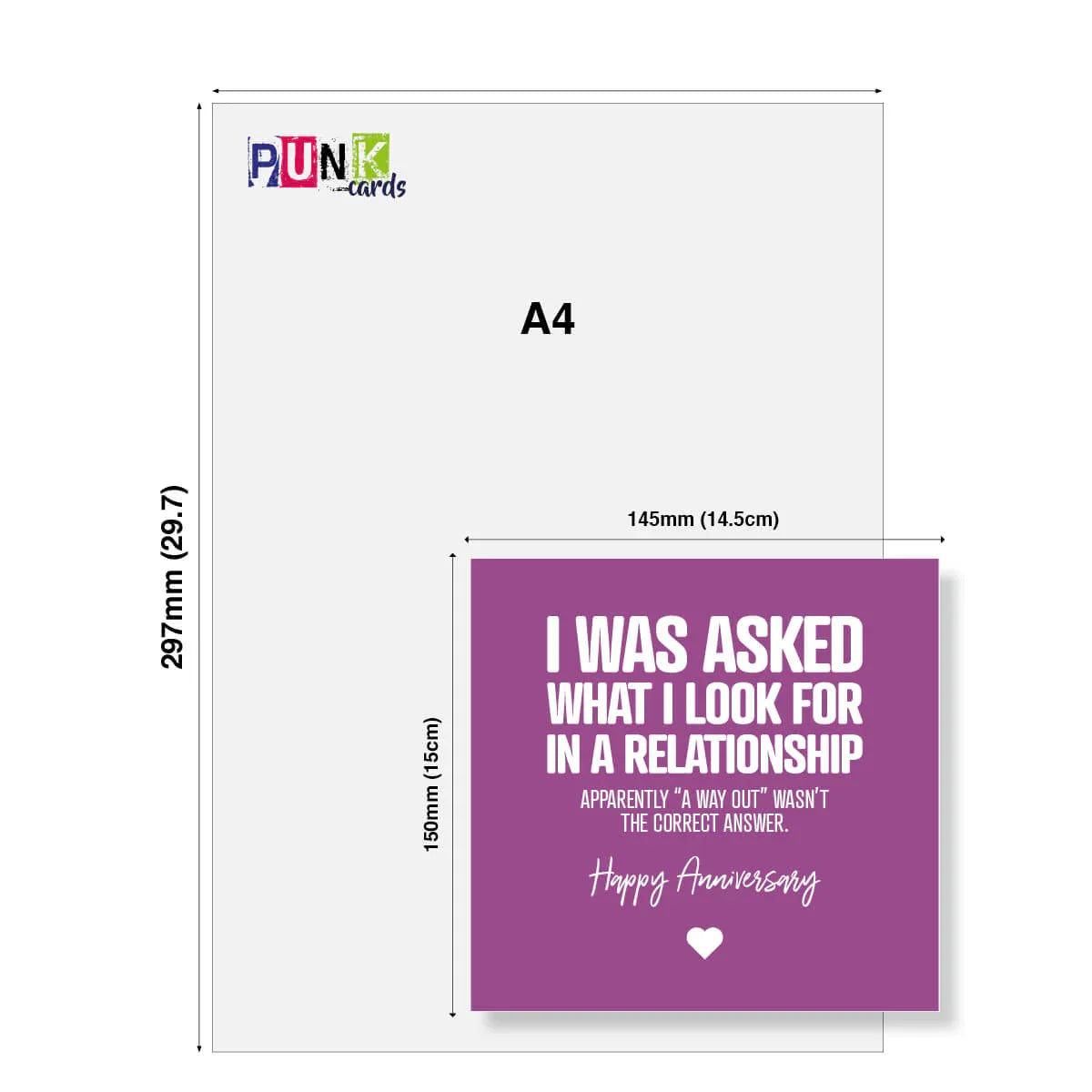 A4 size card with humorous text and dimensions displayed