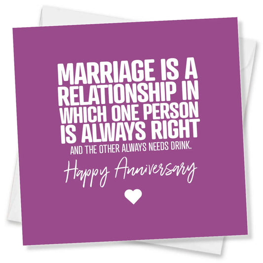 Purple card with humorous anniversary message on a white background
