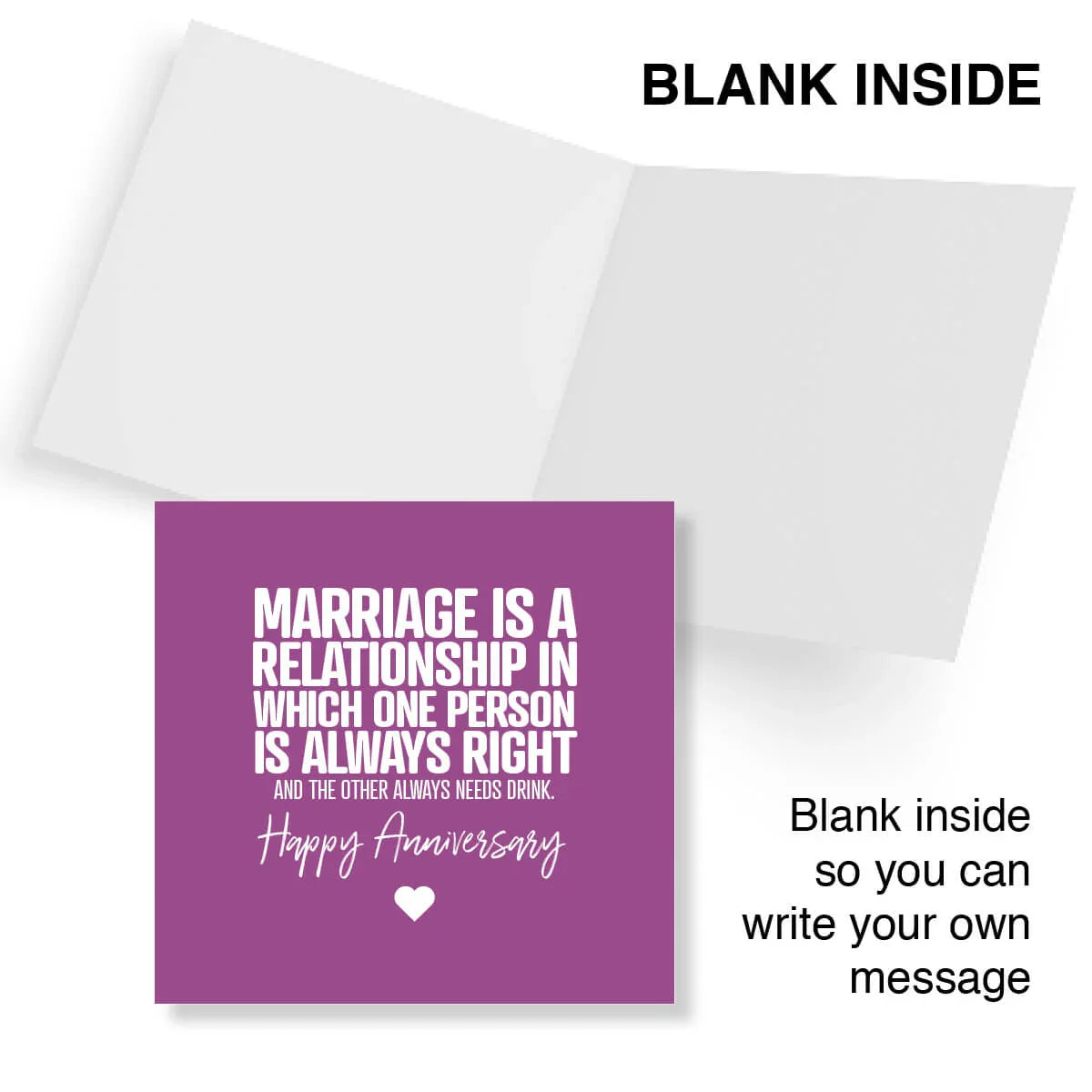 Greeting card with purple interior and white exterior, featuring humorous anniversary message.