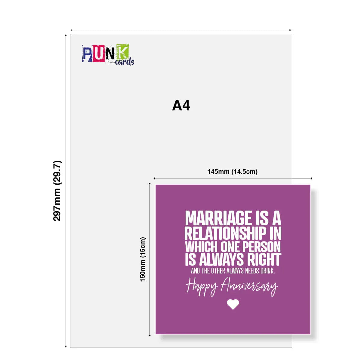 A4 size card with a purple card featuring text and dimensions displayed.