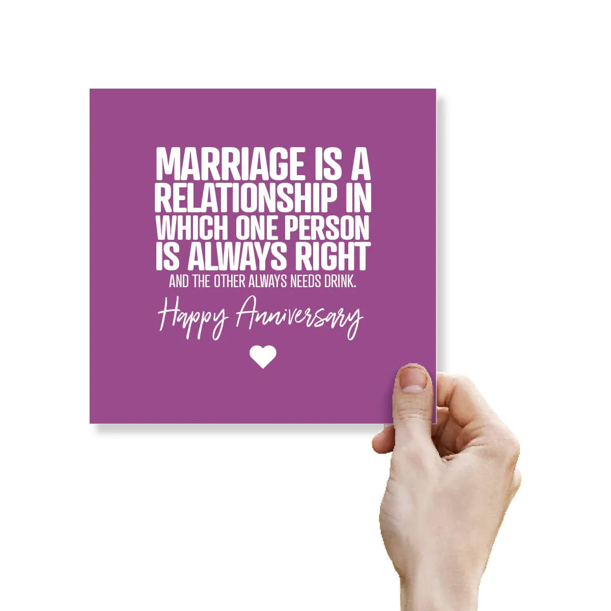Purple card with humorous anniversary message held by a hand on a white background