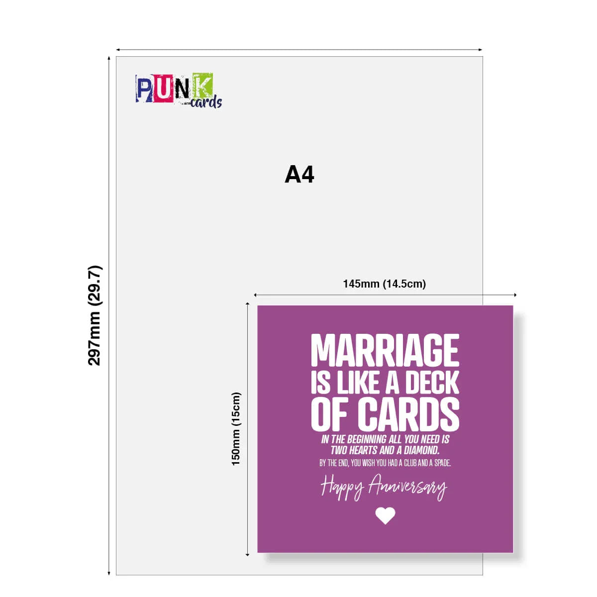 A4 size card with a purple card showing 'Marriage is like a deck of cards' text, on a white background.