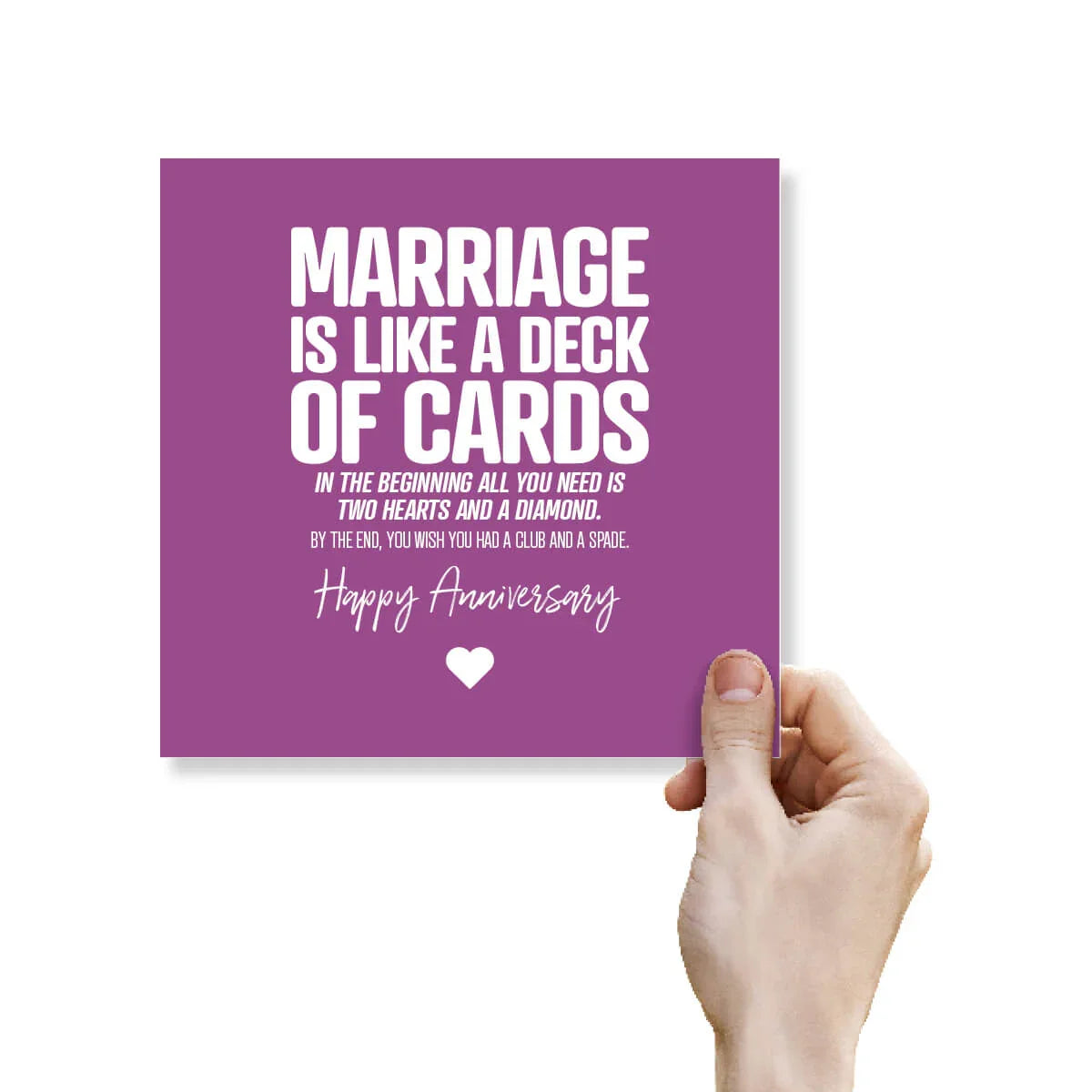 Purple card with humorous marriage quote held by a hand on a white background
