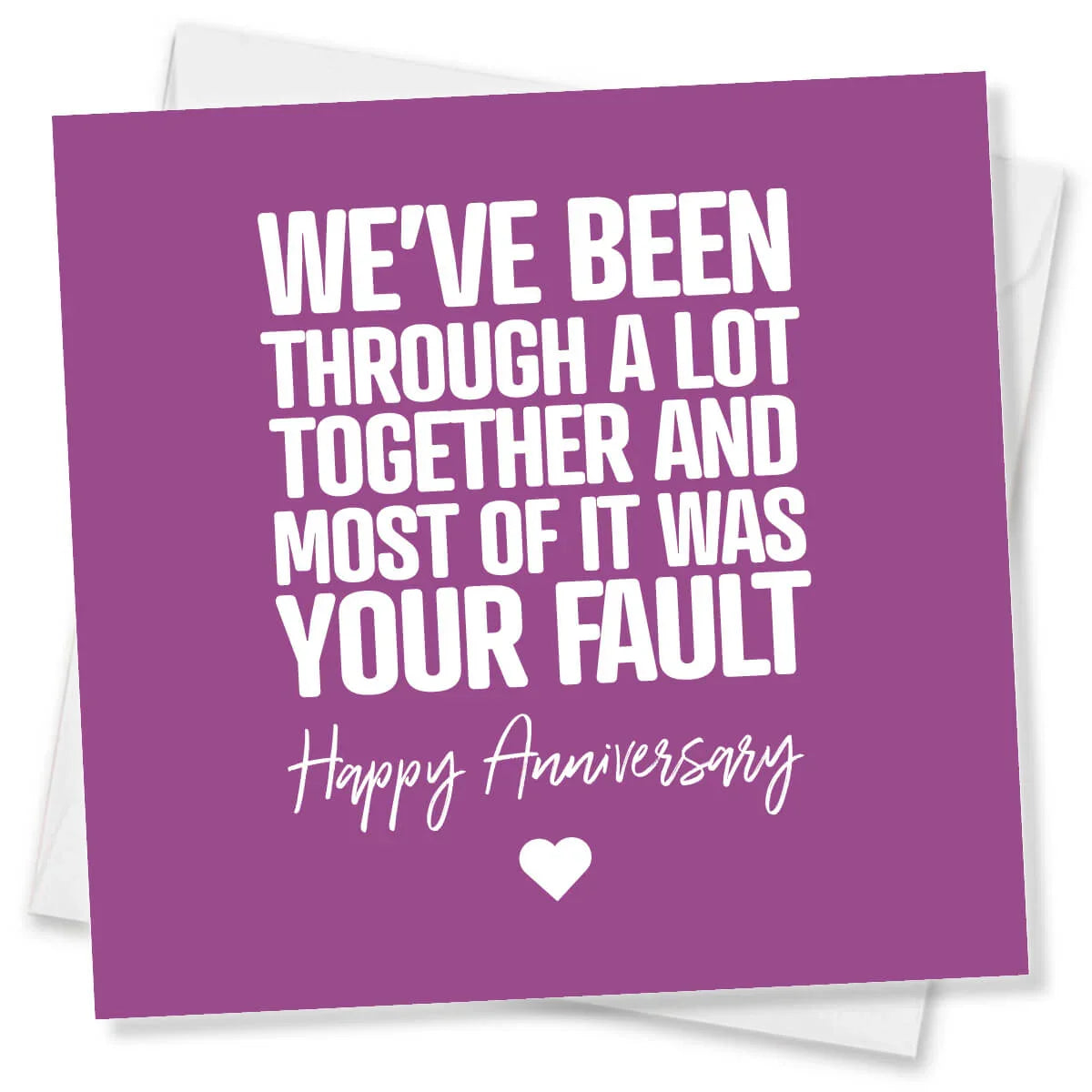 Purple card with white text and a heart on a white background
