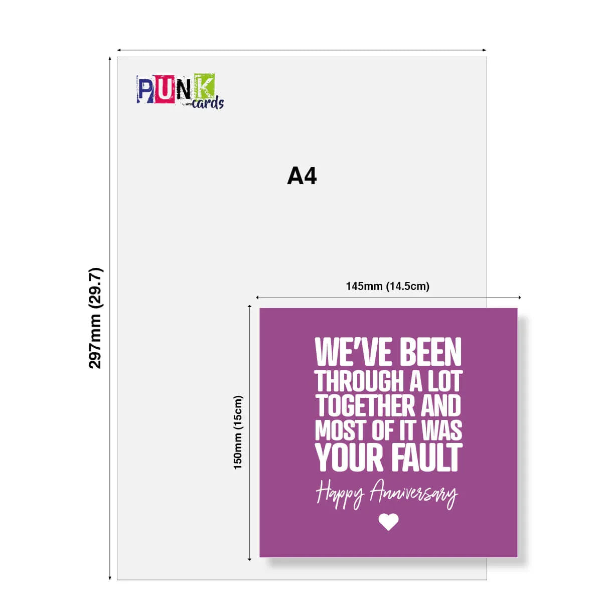 Purple card with white text and dimensions on a white background