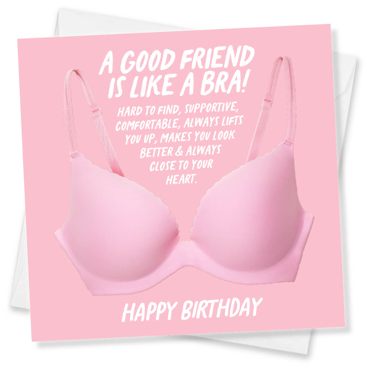 Pink bra on a birthday card with humorous text