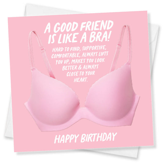 Pink bra on a birthday card with humorous text