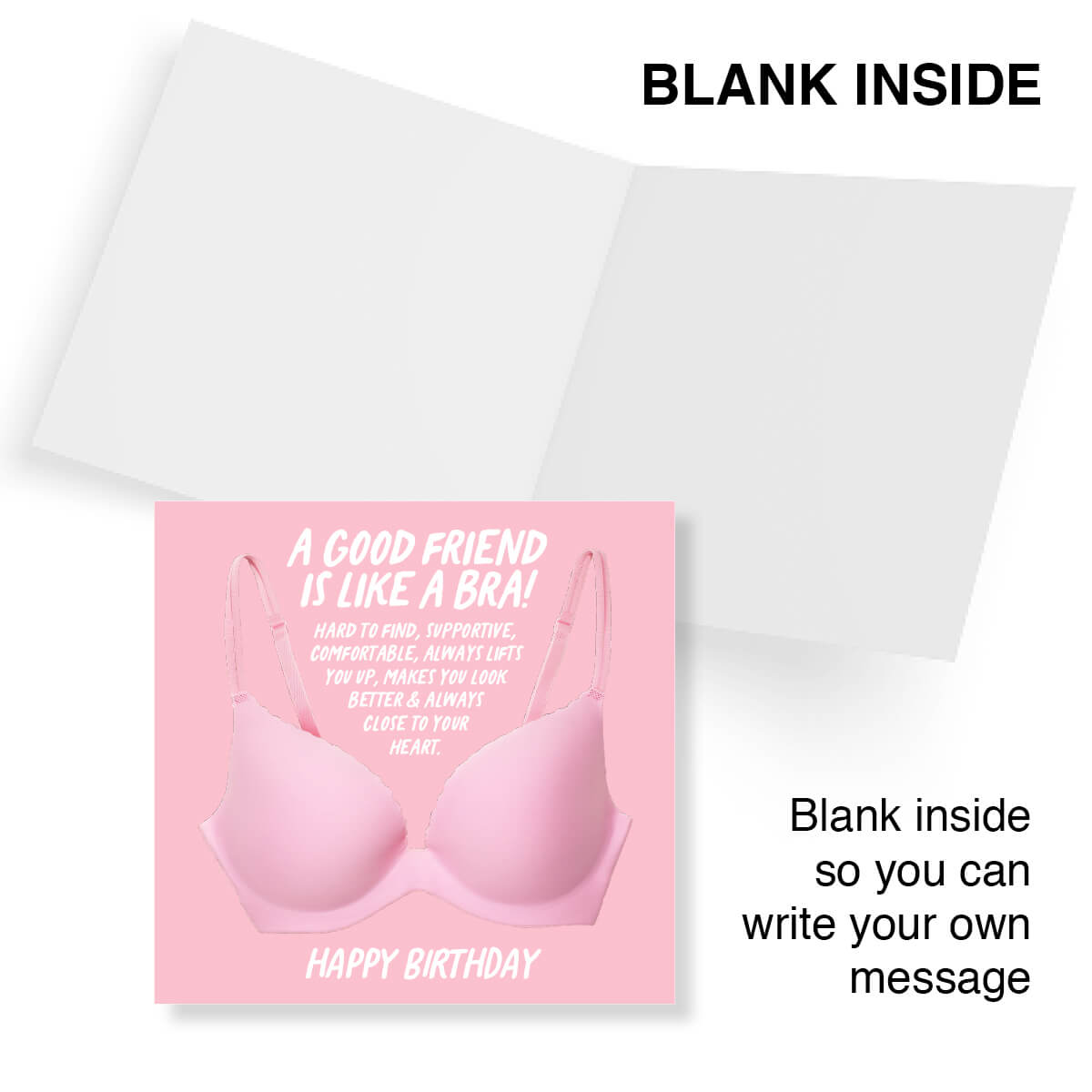 Greeting card with a pink bra design and text, blank inside for personal message.