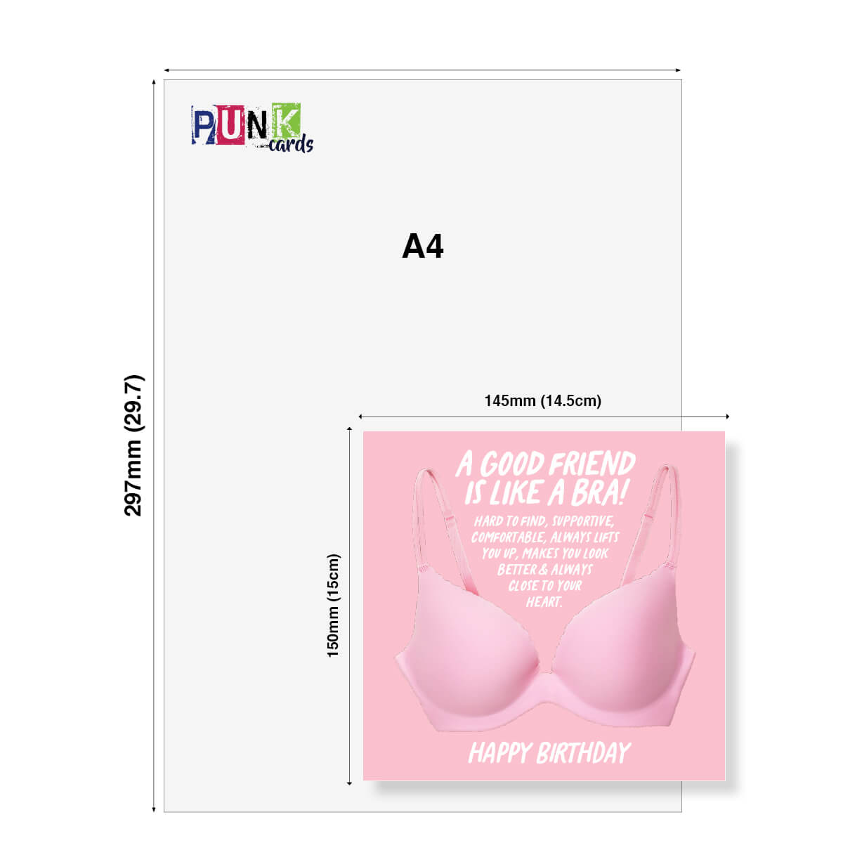 Greeting card with a bra design and text, displayed with dimensions on a white background.