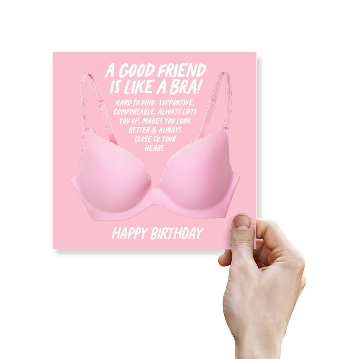 Card with pink bra illustration and birthday message on a white background