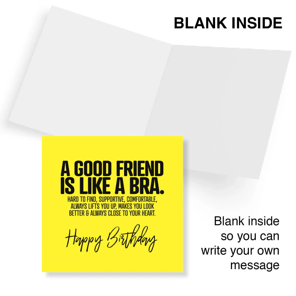 Greeting card with humorous birthday message on a yellow background