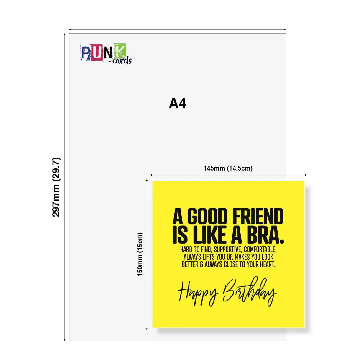 Greeting card with humorous text and dimensions on a white background