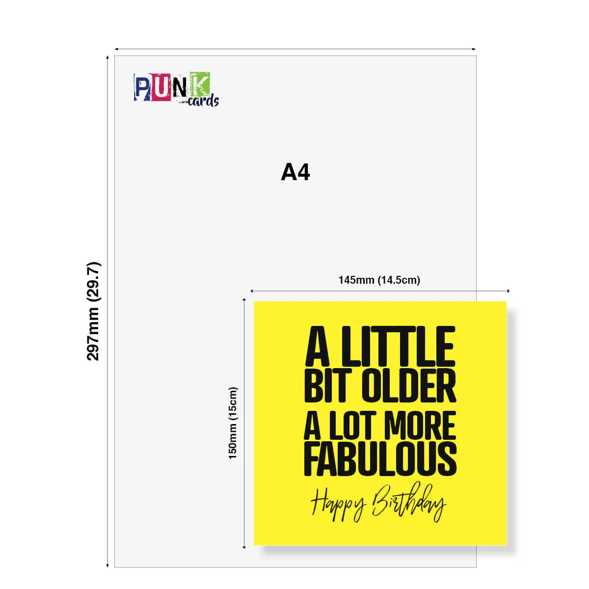 Funny birthday card with bold yellow cover saying 'A little bit older, a lot more fabulous'.