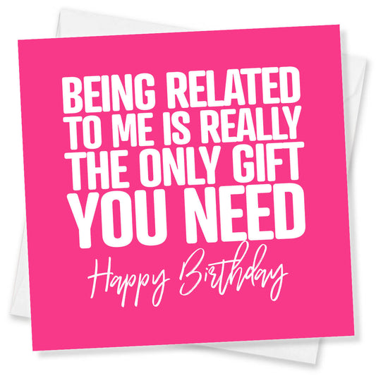 Pink birthday card with white text on a white background