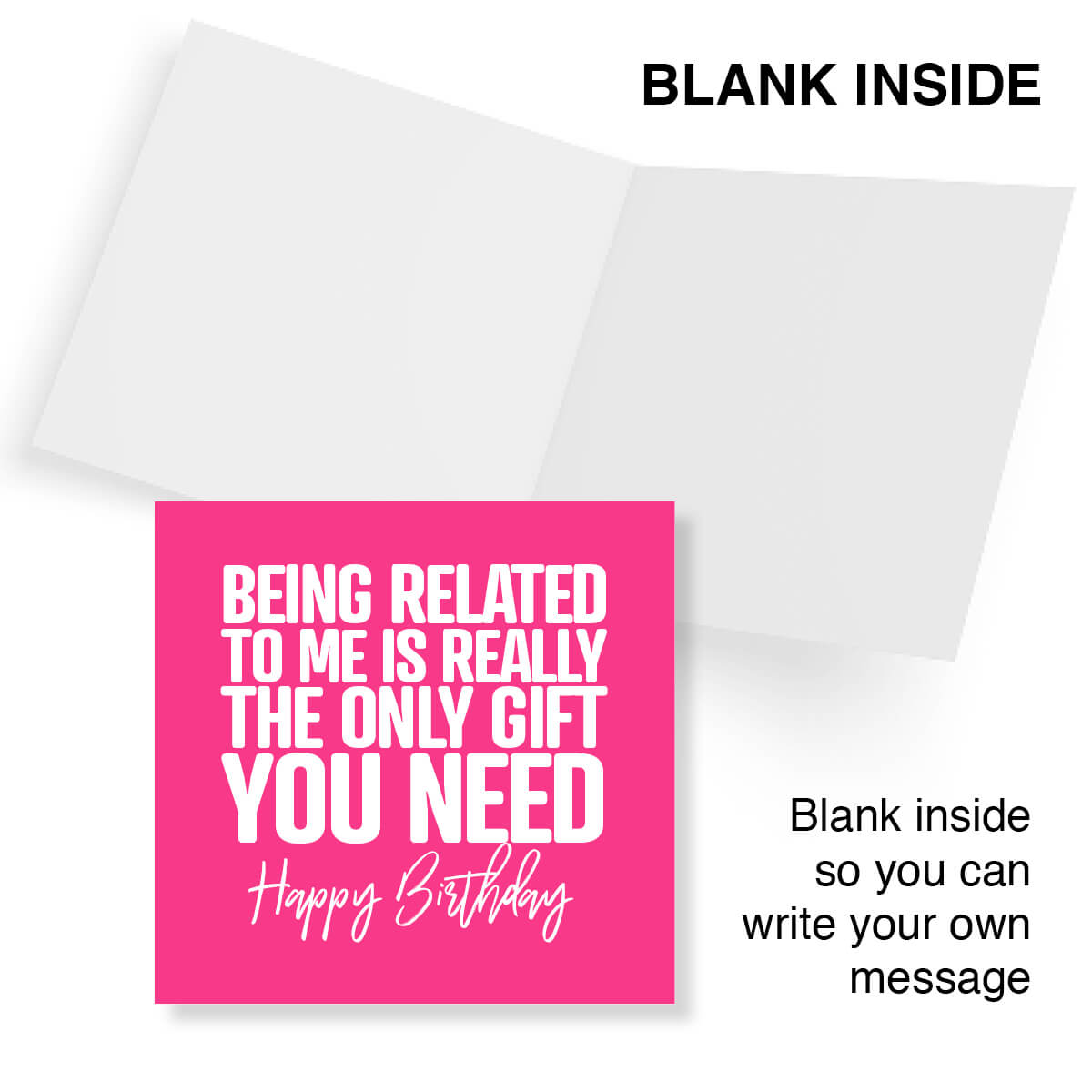 Greeting card with pink message on a white background