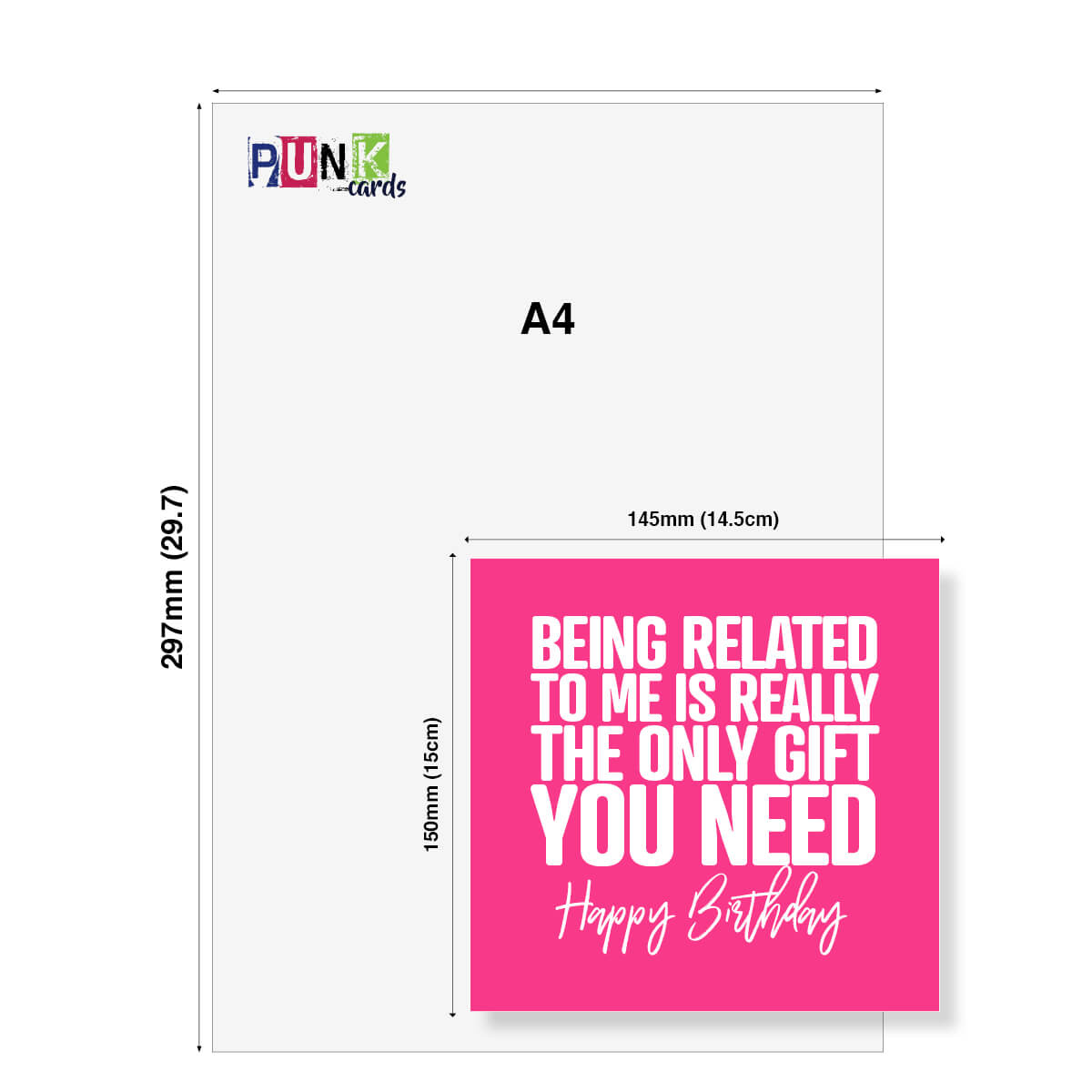 Greeting card with text 'Being related to me is really the only gift you need. Happy Birthday' on a pink background, with dimensions labeled.