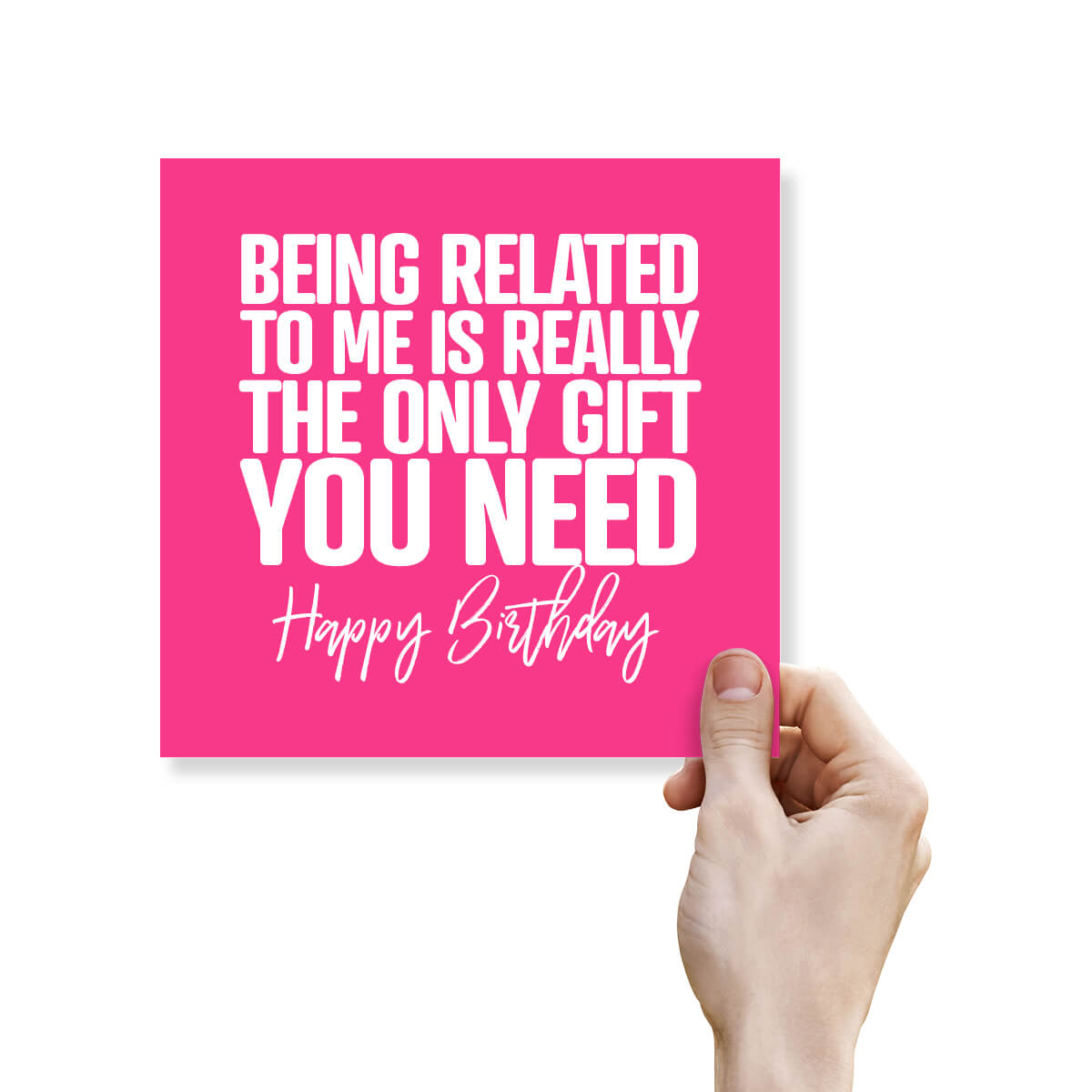 Hand holding a pink card with white text on a white background