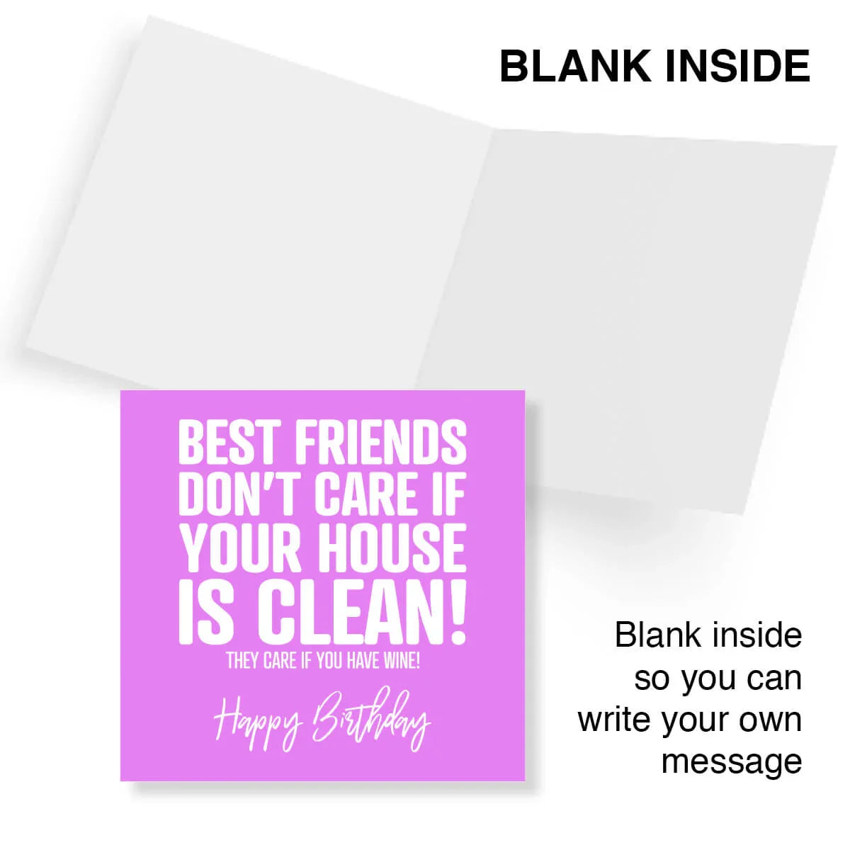 Greeting card with purple interior and white text on a white background