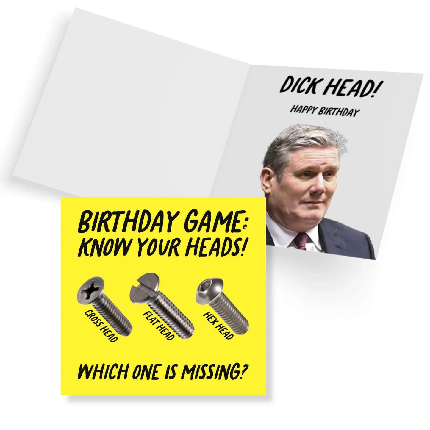 Birthday card with a humorous design featuring screws and a portrait of a man, with text about a birthday game.