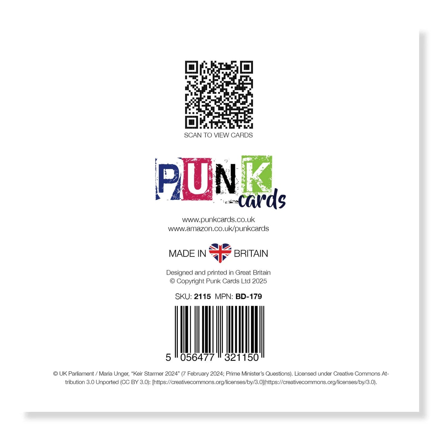 Back of a card with 'Punk Cards' branding, QR code, and barcode on a white background