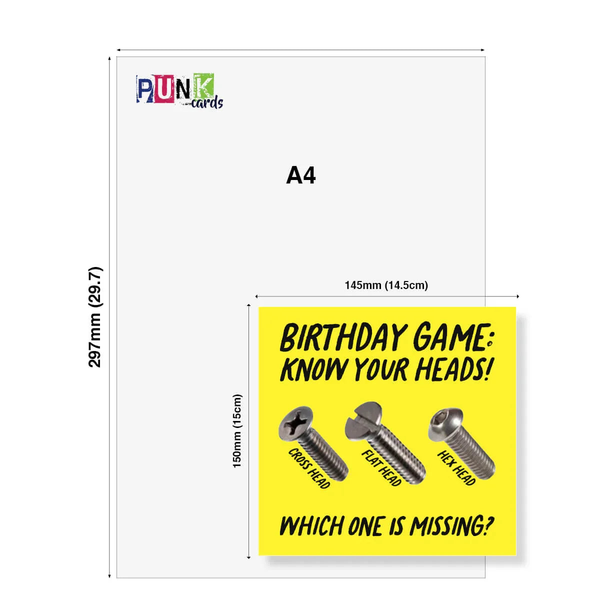 A4 size card with screws and text about a birthday game, featuring the brand 'Punk Cards'.