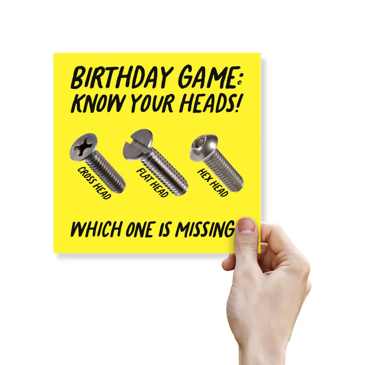 Hand holding a yellow card with screws and text about a birthday game on a white background