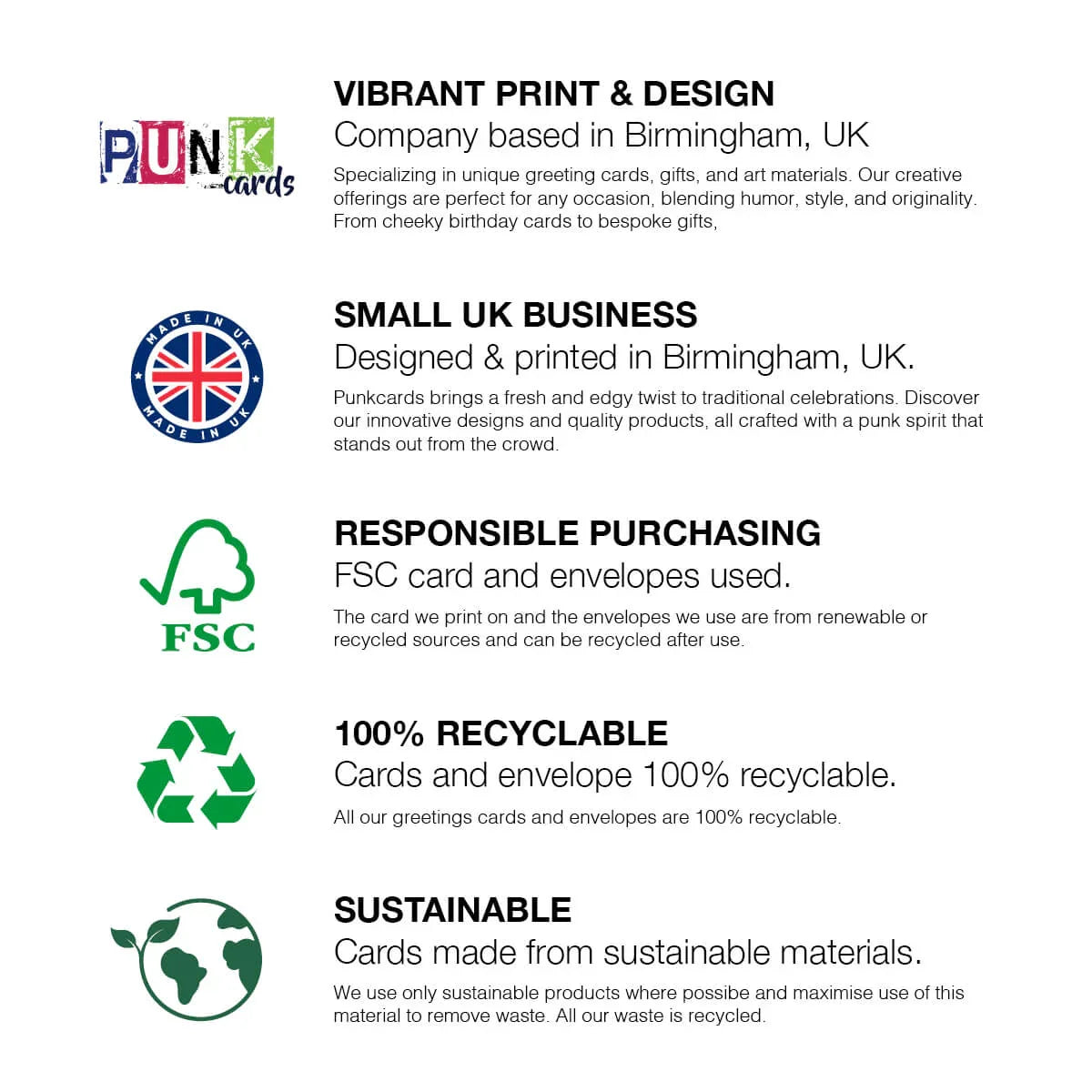Promotional text about Punkcards, a vibrant print and design company based in Birmingham, UK, emphasizing sustainability and responsible purchasing practices.