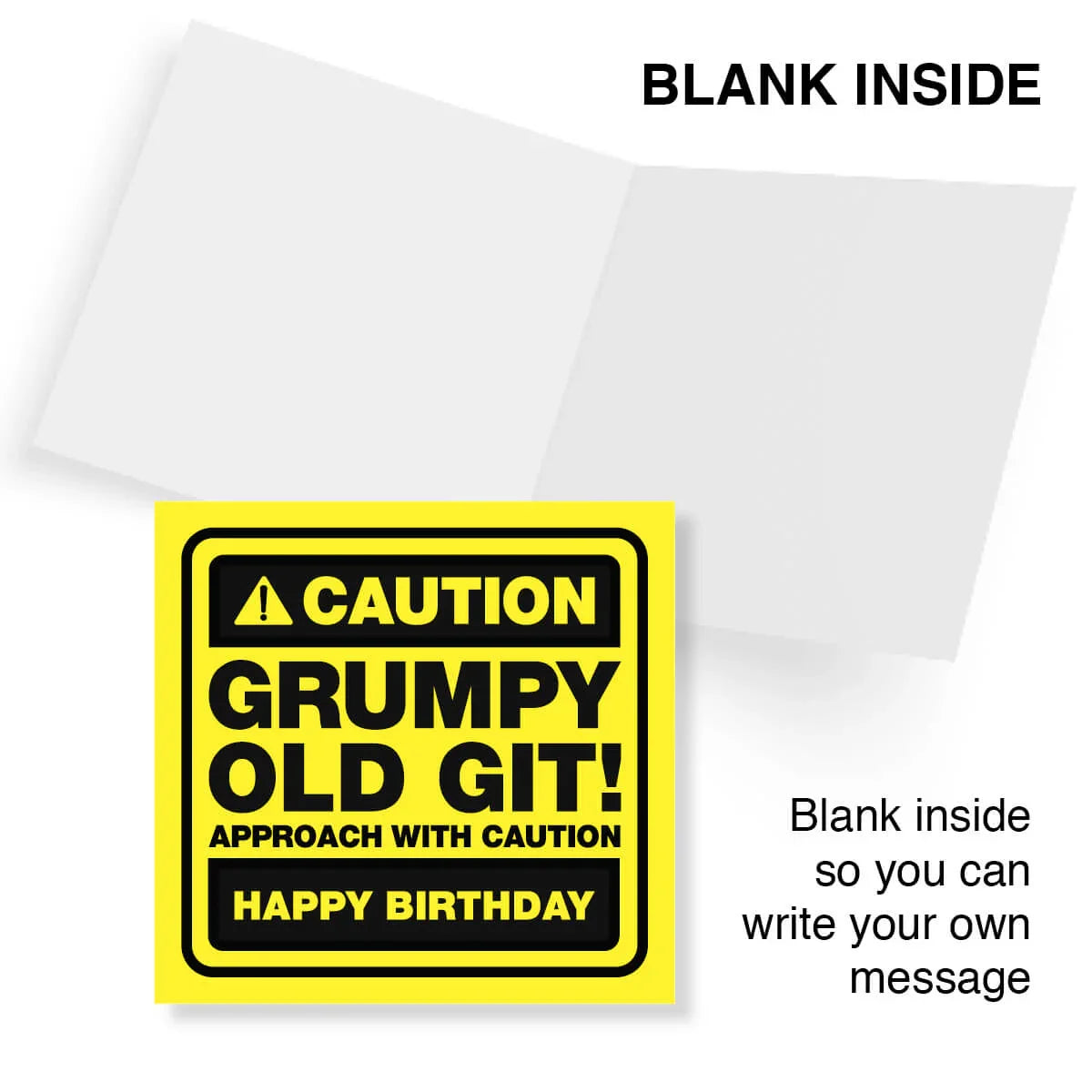 Greeting card with yellow and black warning sign design on a white background