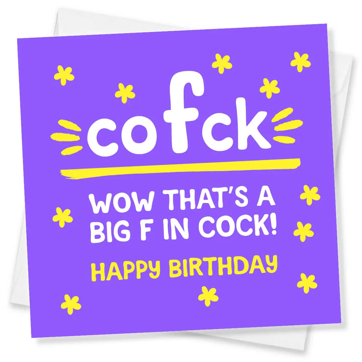 Purple birthday card with offensive language and yellow flowers on a white background