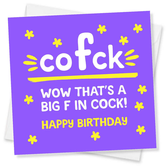 Purple birthday card with offensive language and yellow flowers on a white background