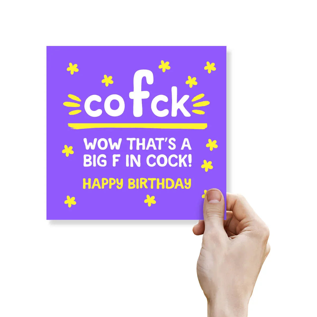 Hand holding a purple card with offensive language and 'Happy Birthday' text.