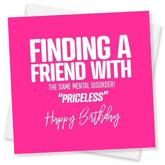 Pink birthday card with humorous text on a white background
