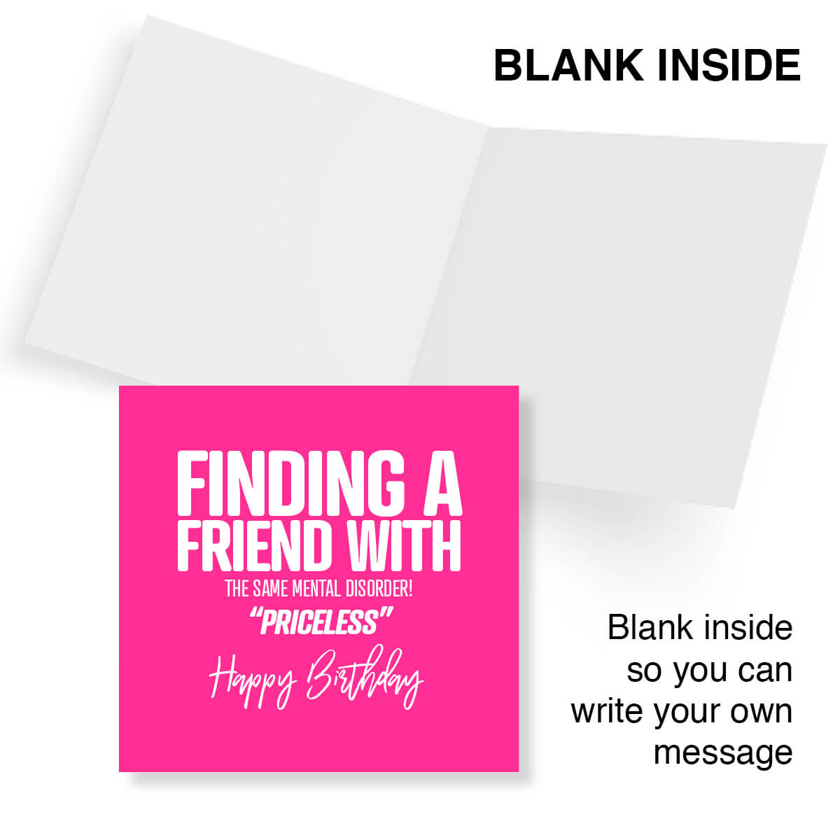 Greeting card with pink square and humorous birthday message on a white background