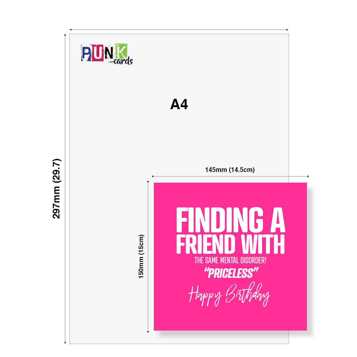 A4 size card with a pink square featuring humorous birthday message, displayed on a white background.