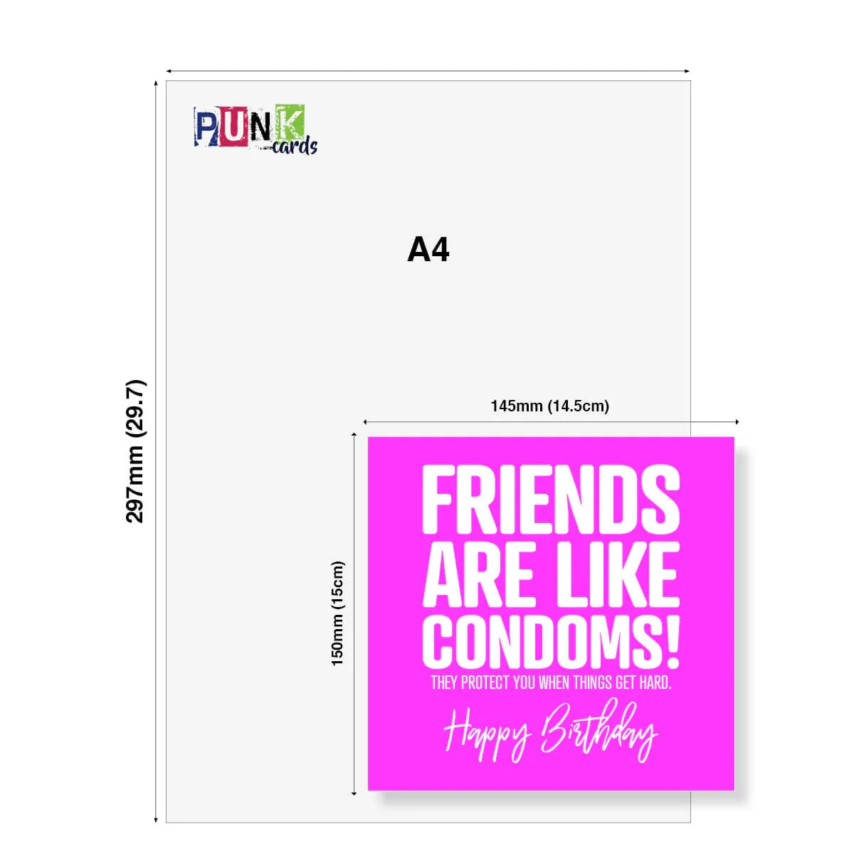 Greeting card with 'Friends are like condoms' text on a pink background, displayed with dimensions.