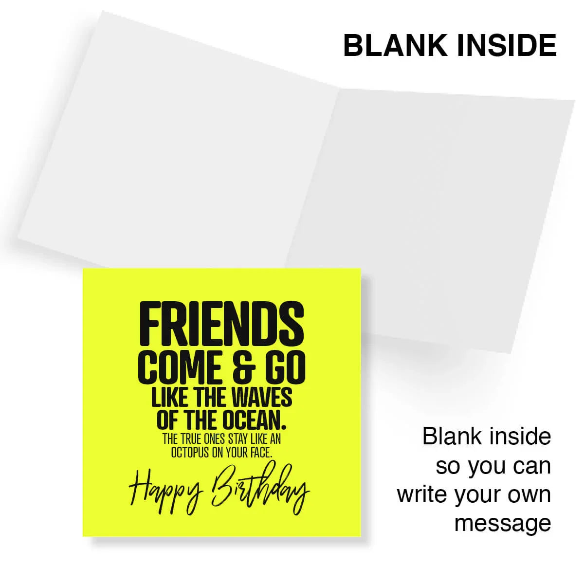 Greeting card with a yellow square and black text on a white background