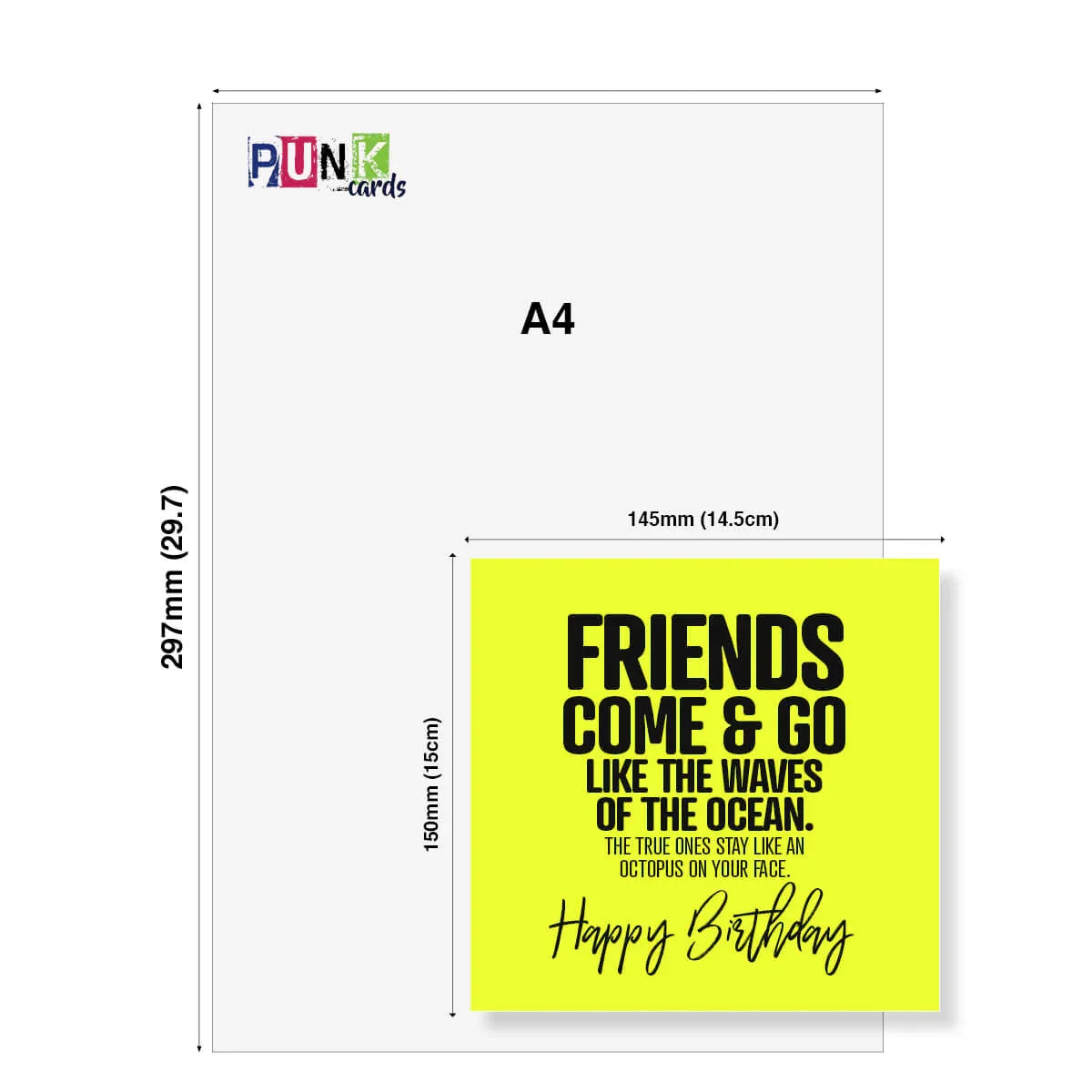 A4 size card with a yellow section featuring text and a small card with 'Punk Cards' branding.