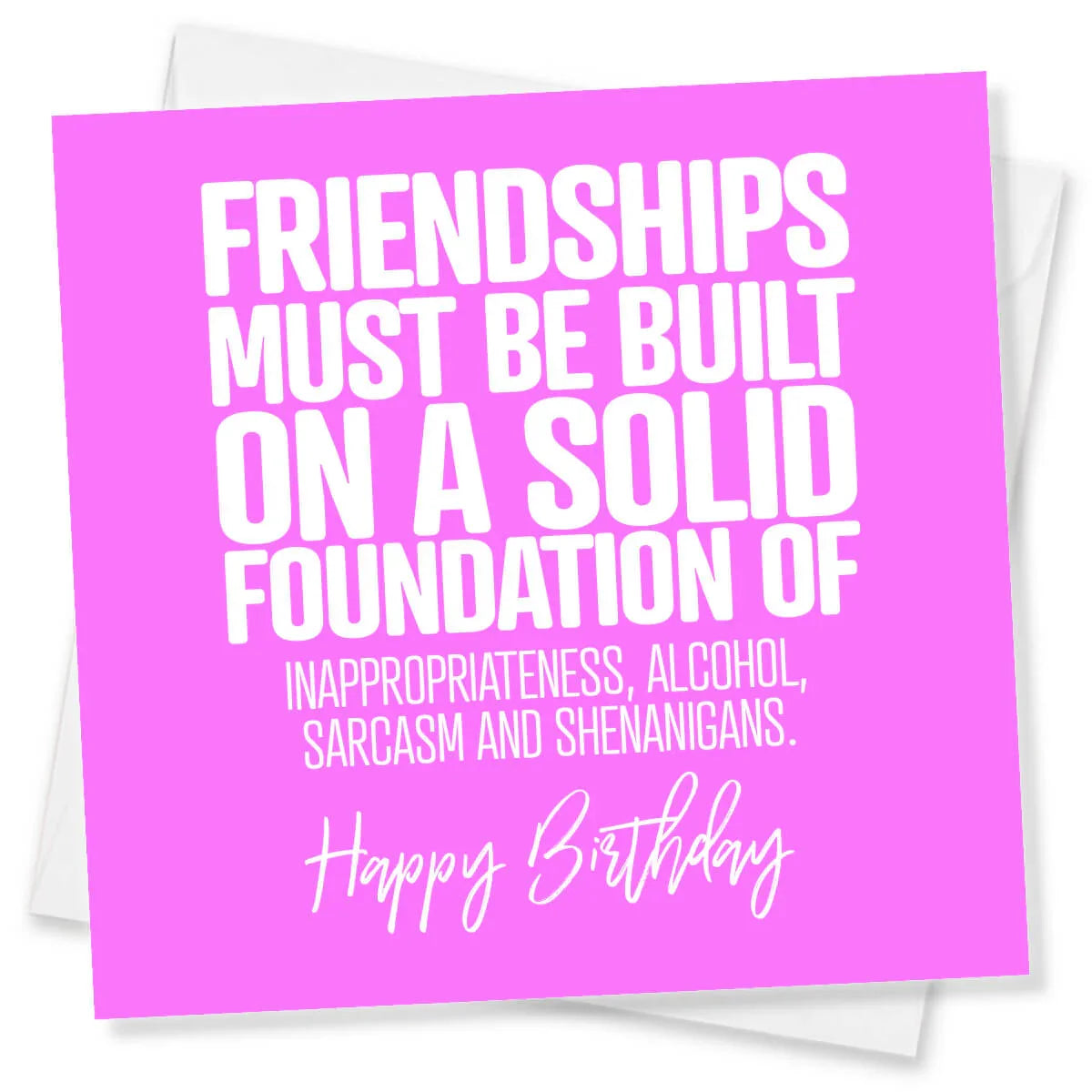 Pink birthday card with humorous text on a white background