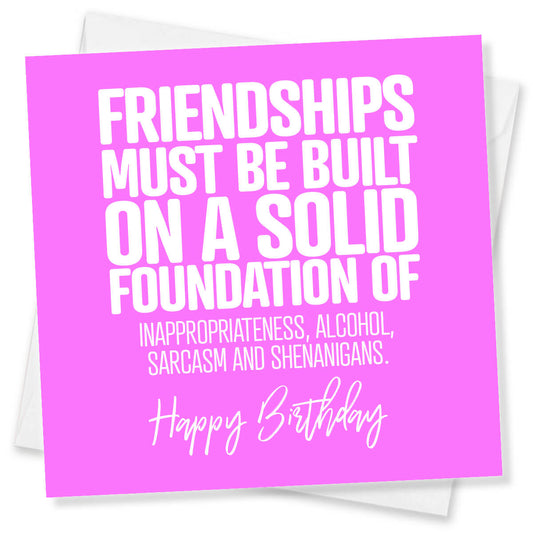 Pink birthday card with humorous text on a white background